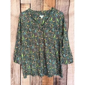 J.Jill Top Bird Print Button Front Peasant Blouse Floral Casual Everyday Size XL